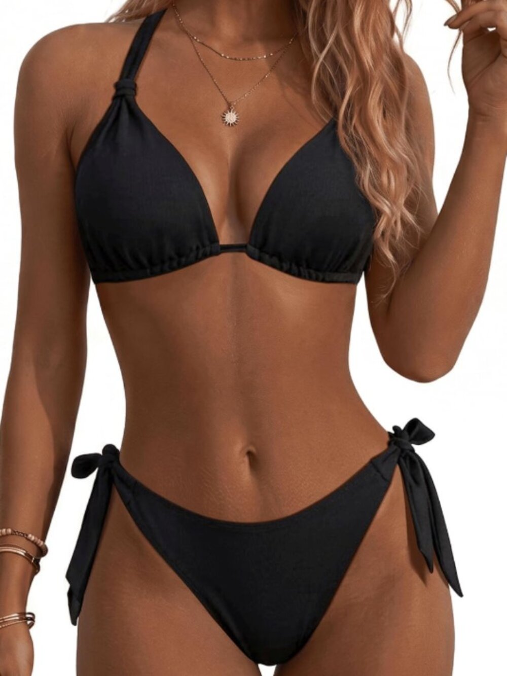Halter Triangle Bikini Set Two piece Low Rise Swimsuit Black